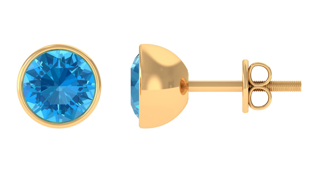 Round Swiss Blue Topaz Solitaire Stud Earrings in Bezel Setting Swiss Blue Topaz - ( AAA ) - Quality - Rosec Jewels
