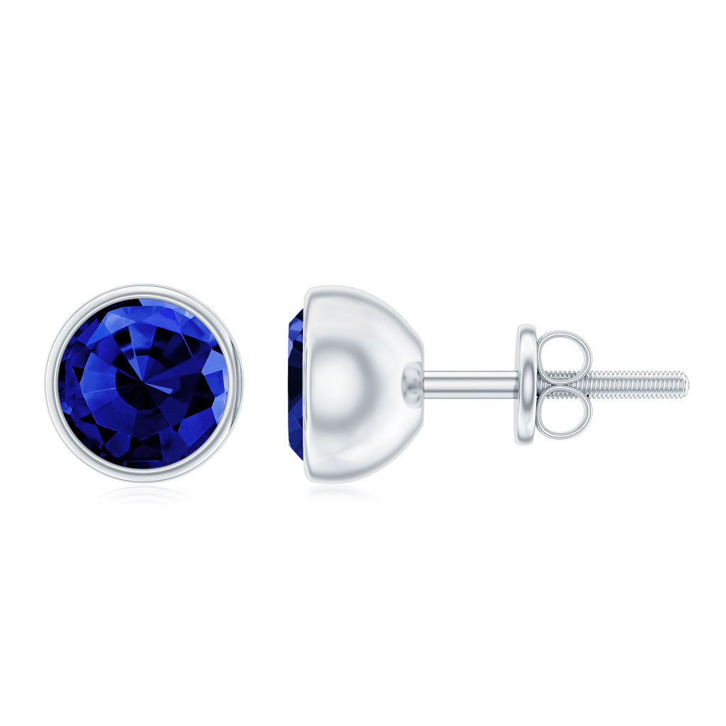 2 CT Round Created Blue Sapphire Solitaire Stud Earrings in Bezel Setting Lab Created Blue Sapphire - ( AAAA ) - Quality - Rosec Jewels