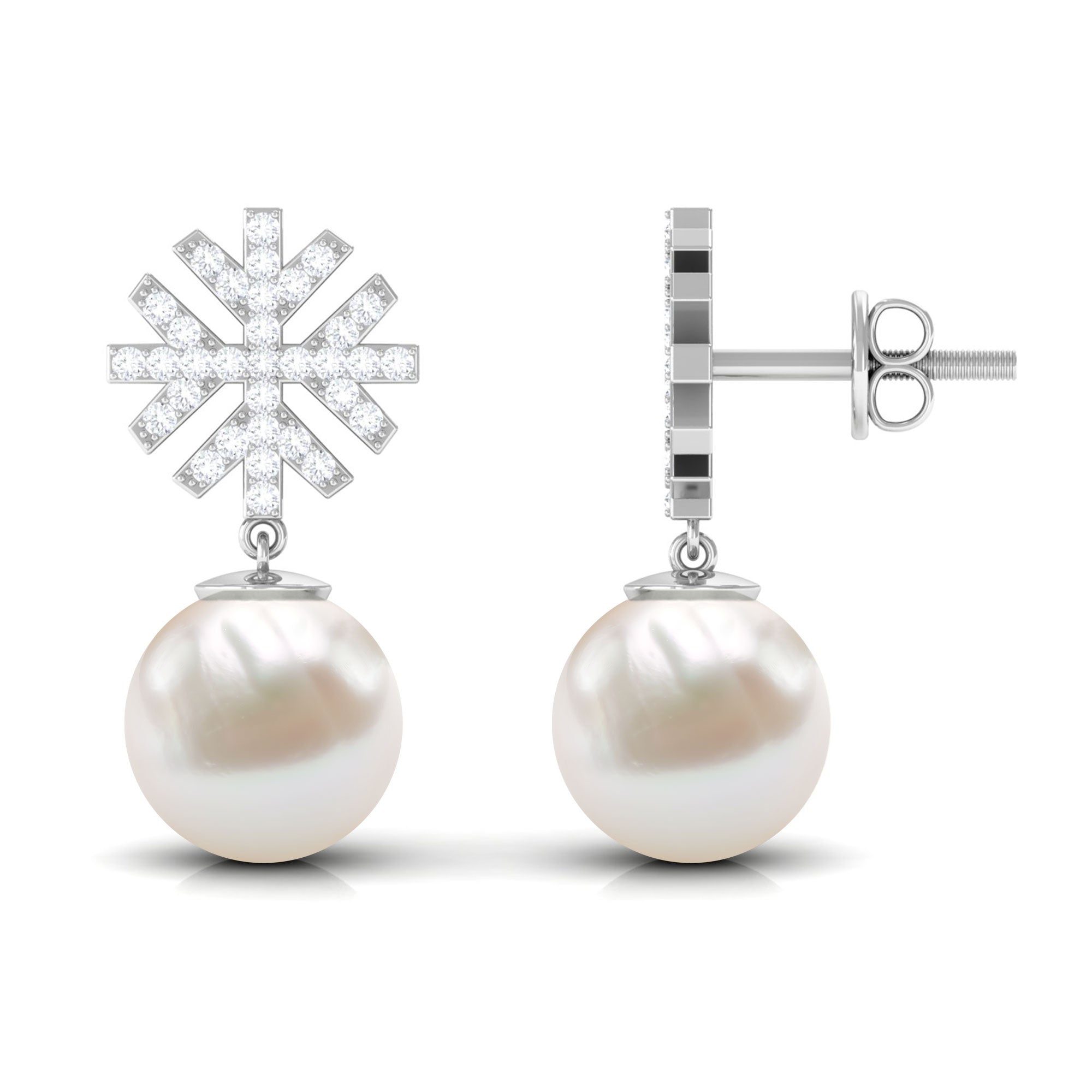 Freshwater Pearl Drop Earrings with Round Shape Diamond Stones Freshwater Pearl - ( AAA ) - Quality - Rosec Jewels