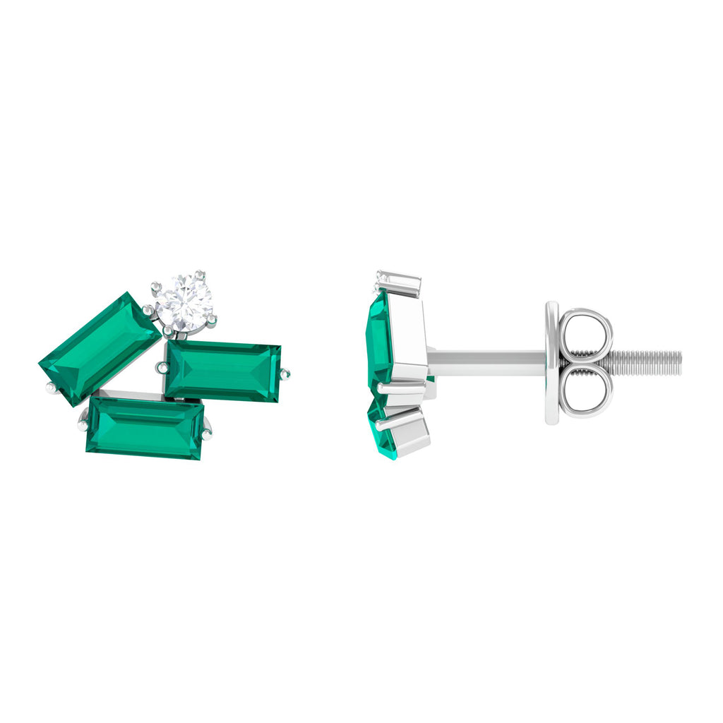 3/4 CT Modern Stud Earrings with Baguette Shape Emerald and Moissanite Emerald - ( AAA ) - Quality - Rosec Jewels
