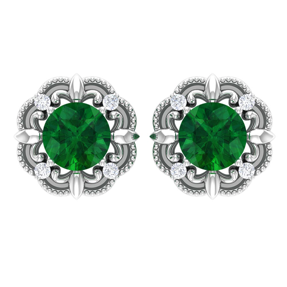 Natural Emerald Art Deco Earrings with Diamond Emerald - ( AAA ) - Quality - Rosec Jewels