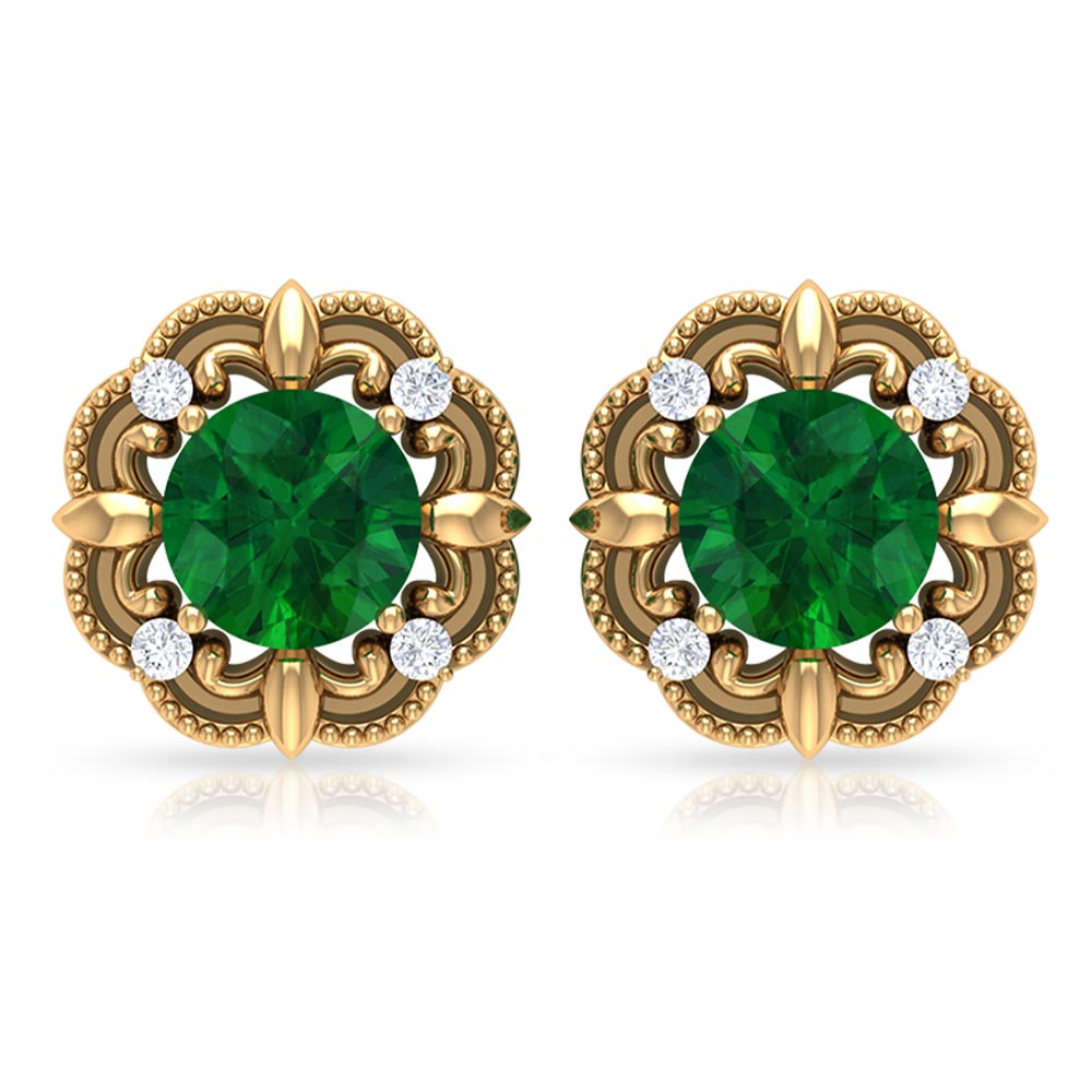 Natural Emerald Art Deco Earrings with Diamond Emerald - ( AAA ) - Quality - Rosec Jewels