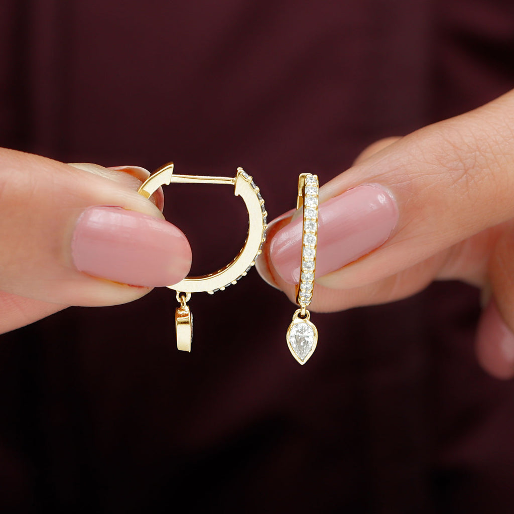 Minimal Hoop Drop Earrings with Pear and Round Shape Zircon in Gold Zircon - ( AAAA ) - Quality - Rosec Jewels