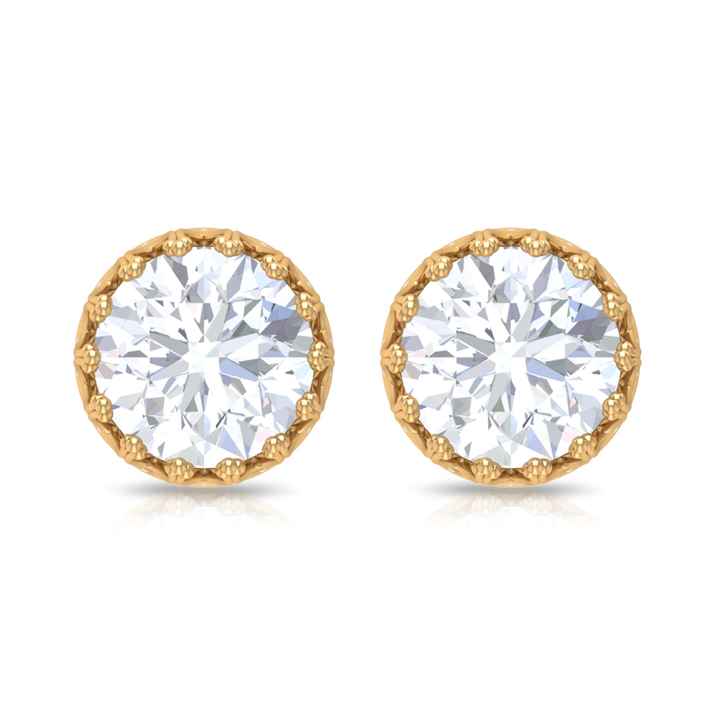 3 CT Crown Stud Earrings with Round Shape Zircon in Gold Zircon - ( AAAA ) - Quality - Rosec Jewels