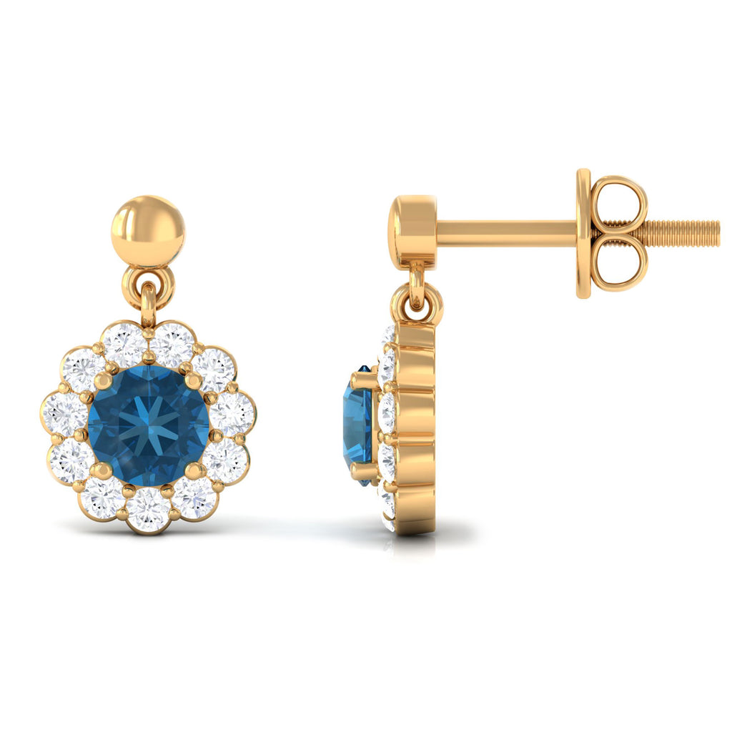 1.75 CT Real London Blue Topaz and Diamond Flower Halo Drop Earrings London Blue Topaz - ( AAA ) - Quality - Rosec Jewels