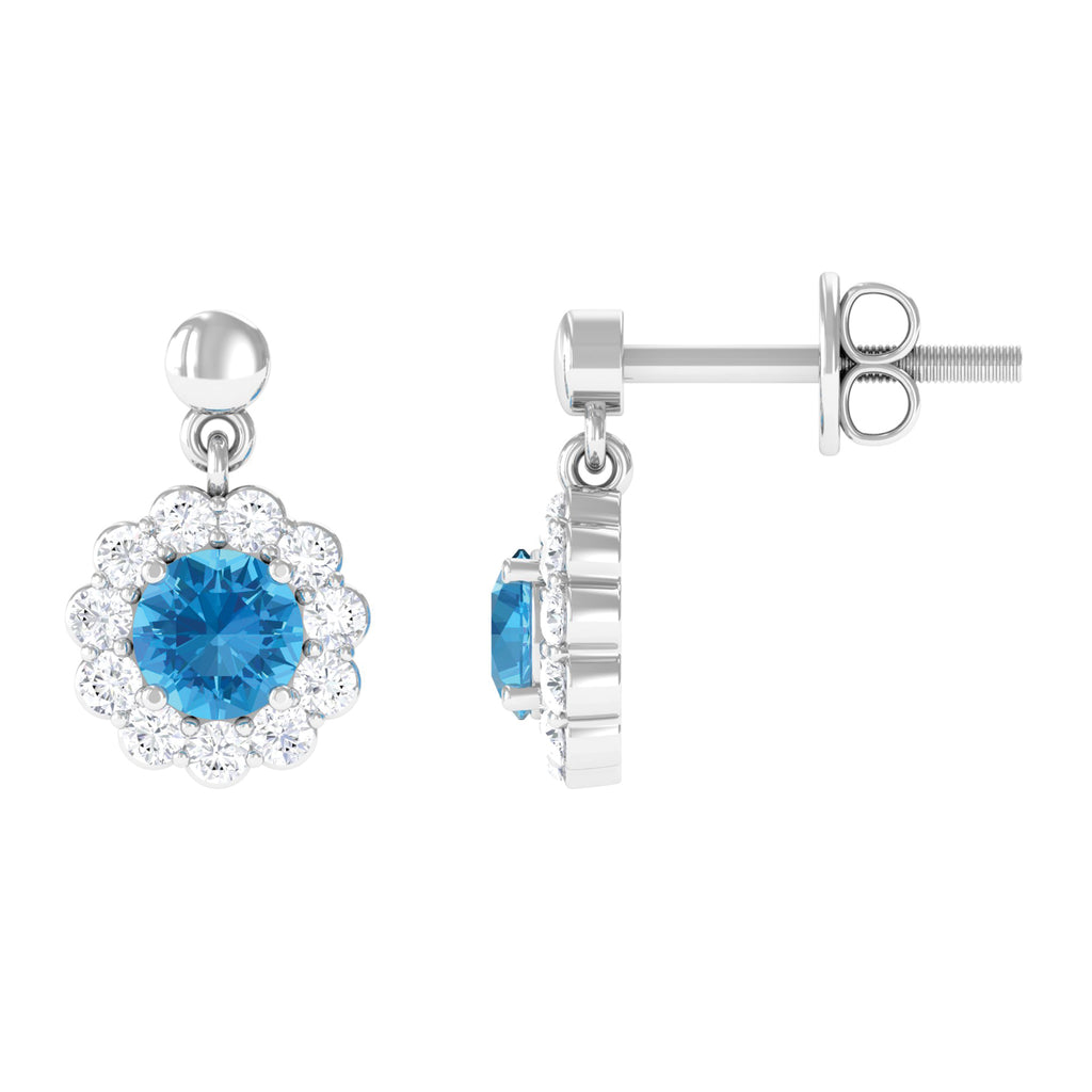 1 CT Real Swiss Blue Topaz and Diamond Flower Halo Drop Earrings Swiss Blue Topaz - ( AAA ) - Quality - Rosec Jewels