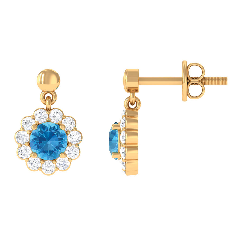 1 CT Real Swiss Blue Topaz and Diamond Flower Halo Drop Earrings Swiss Blue Topaz - ( AAA ) - Quality - Rosec Jewels