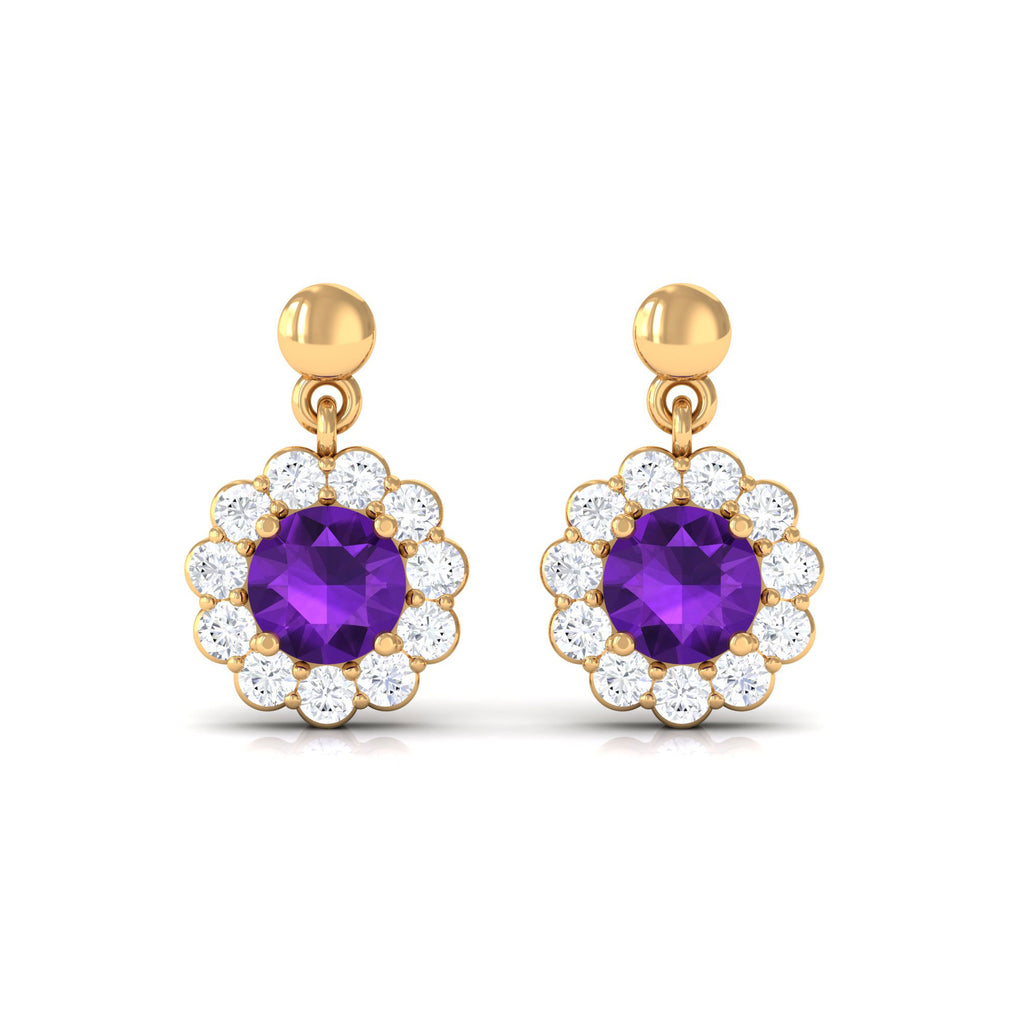 1.5 CT Real Amethyst and Diamond Flower Halo Drop Earrings Amethyst - ( AAA ) - Quality - Rosec Jewels