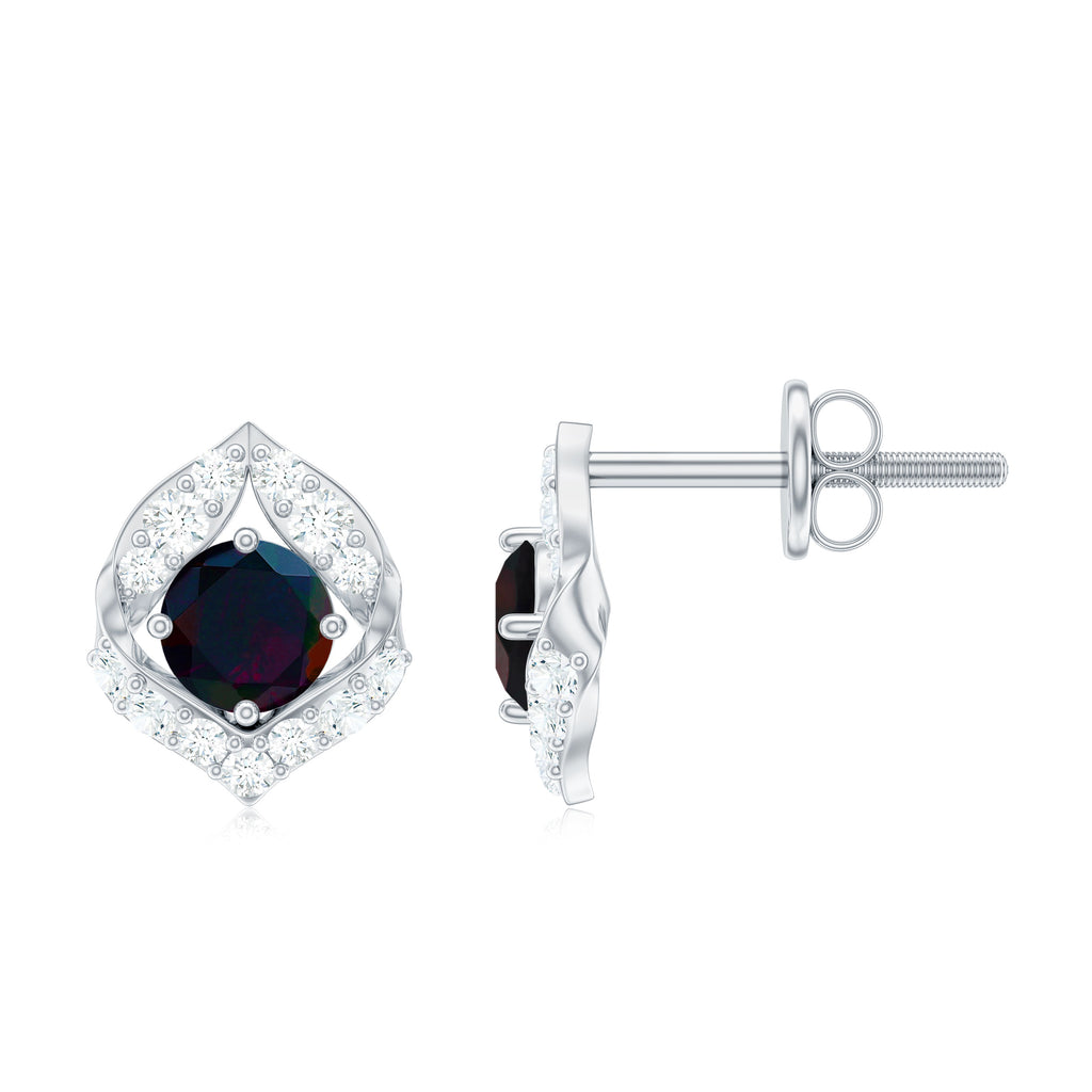 1 CT Natural Black Opal Stud Earrings with Diamond Black Opal - ( AAA ) - Quality - Rosec Jewels