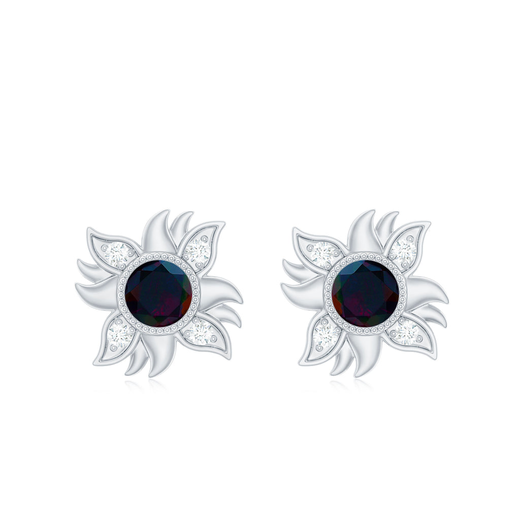 Genuine Black Opal Sunburst Stud Earrings with Diamond Black Opal - ( AAA ) - Quality - Rosec Jewels