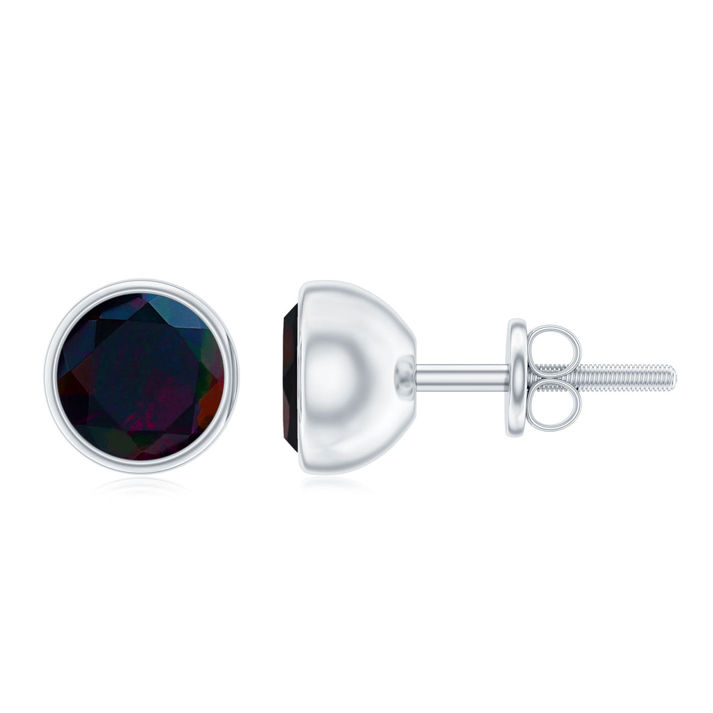 Round Black Opal Solitaire Stud Earrings in Bezel Setting Black Opal - ( AAA ) - Quality - Rosec Jewels