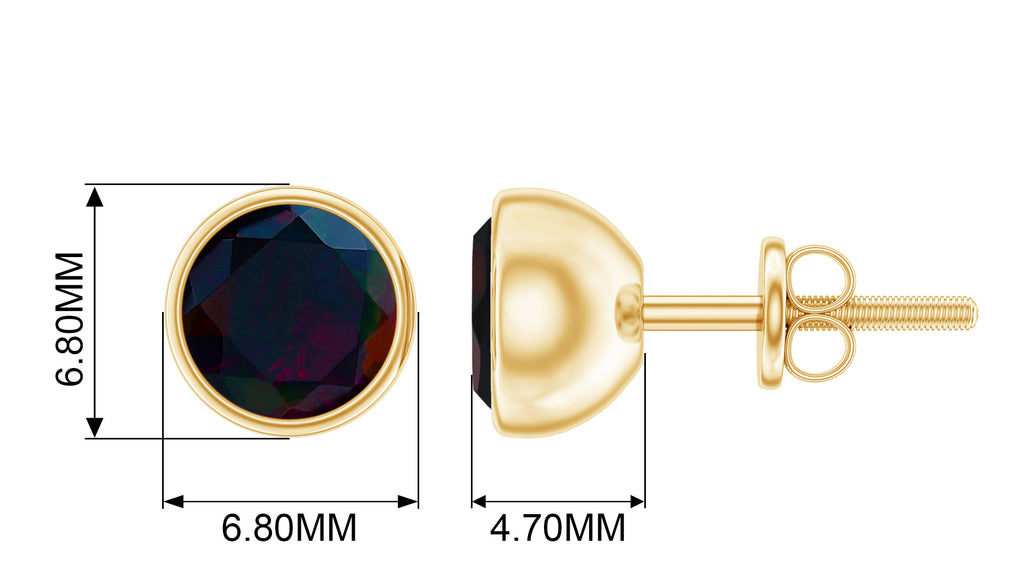 Round Black Opal Solitaire Stud Earrings in Bezel Setting Black Opal - ( AAA ) - Quality - Rosec Jewels