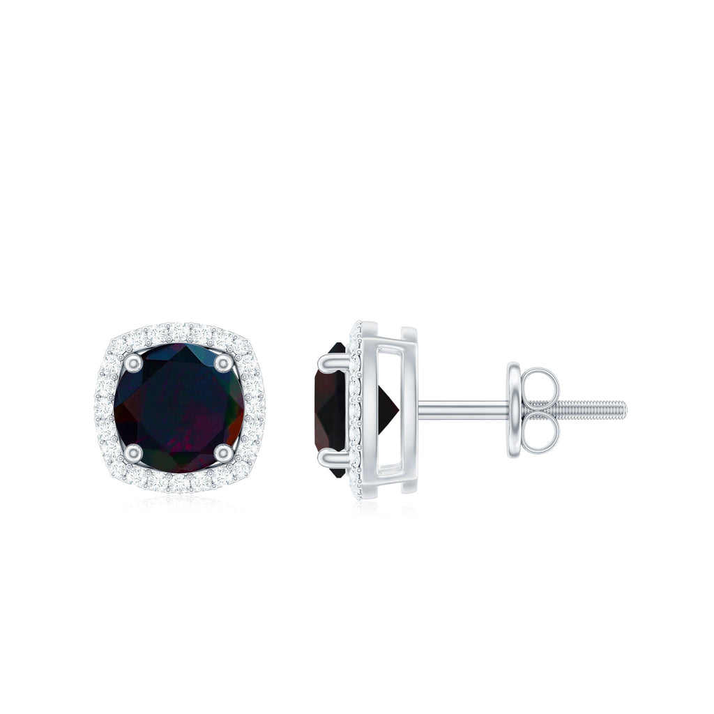 1.75 CT Round Shape Black Opal Stud Earrings with Moissanite Halo Black Opal - ( AAA ) - Quality - Rosec Jewels