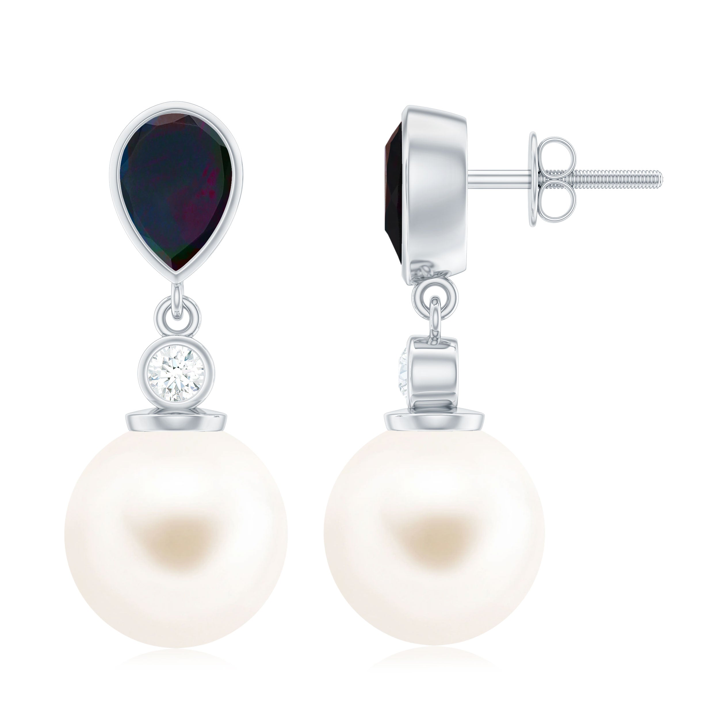 Freshwater Pearl Drop Earrings with Black Opal and Moissanite Black Opal - ( AAA ) - Quality - Rosec Jewels