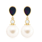 Freshwater Pearl Drop Earrings with Black Opal and Moissanite Black Opal - ( AAA ) - Quality - Rosec Jewels