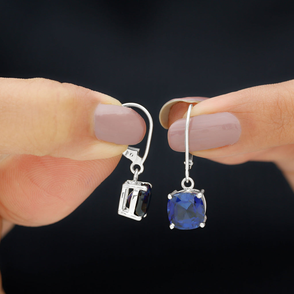 Cushion Cut Solitaire Created Blue Sapphire Drop Earrings Lab Created Blue Sapphire - ( AAAA ) - Quality - Rosec Jewels
