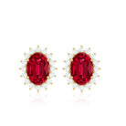 2.5 CT Oval Cut Created Ruby Statement Stud Earrings with Diamond Halo Lab Created Ruby - ( AAAA ) - Quality - Rosec Jewels
