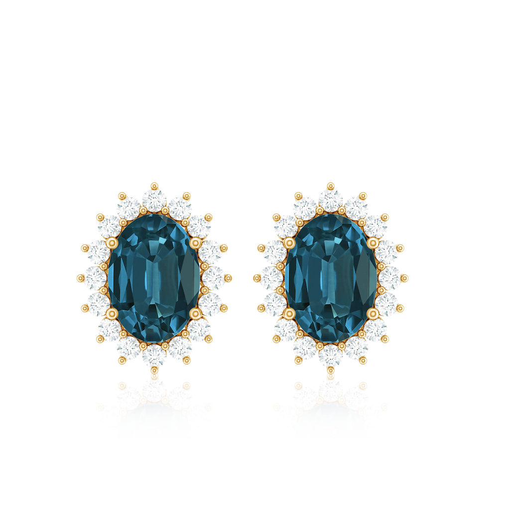 2 CT Oval Cut London Blue Topaz Statement Stud Earrings with Diamond Halo London Blue Topaz - ( AAA ) - Quality - Rosec Jewels