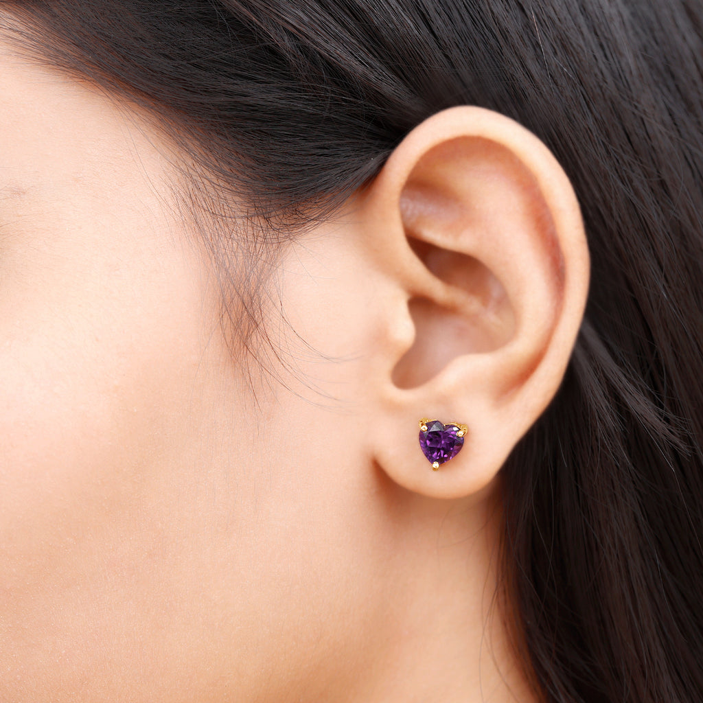 3 CT Heart Shape Amethyst Solitaire Stud Earrings in Gold Amethyst - ( AAA ) - Quality - Rosec Jewels