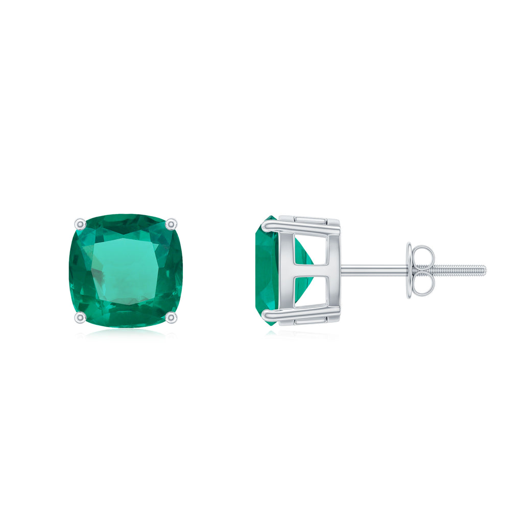 3 CT Cushion Cut Created Emerald Solitaire Stud Earring Lab Created Emerald - ( AAAA ) - Quality - Rosec Jewels