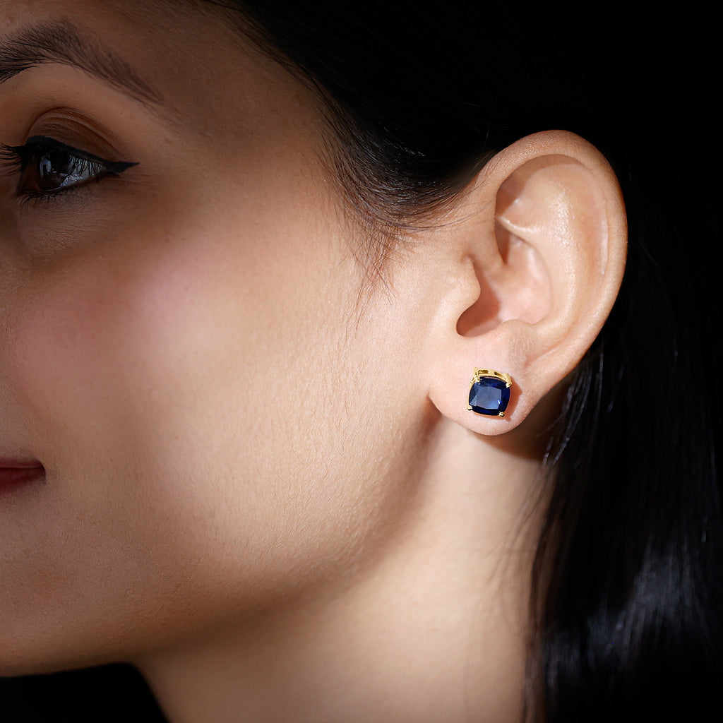 3 CT Cushion Cut Created Blue Sapphire Solitaire Stud Earring Lab Created Blue Sapphire - ( AAAA ) - Quality - Rosec Jewels