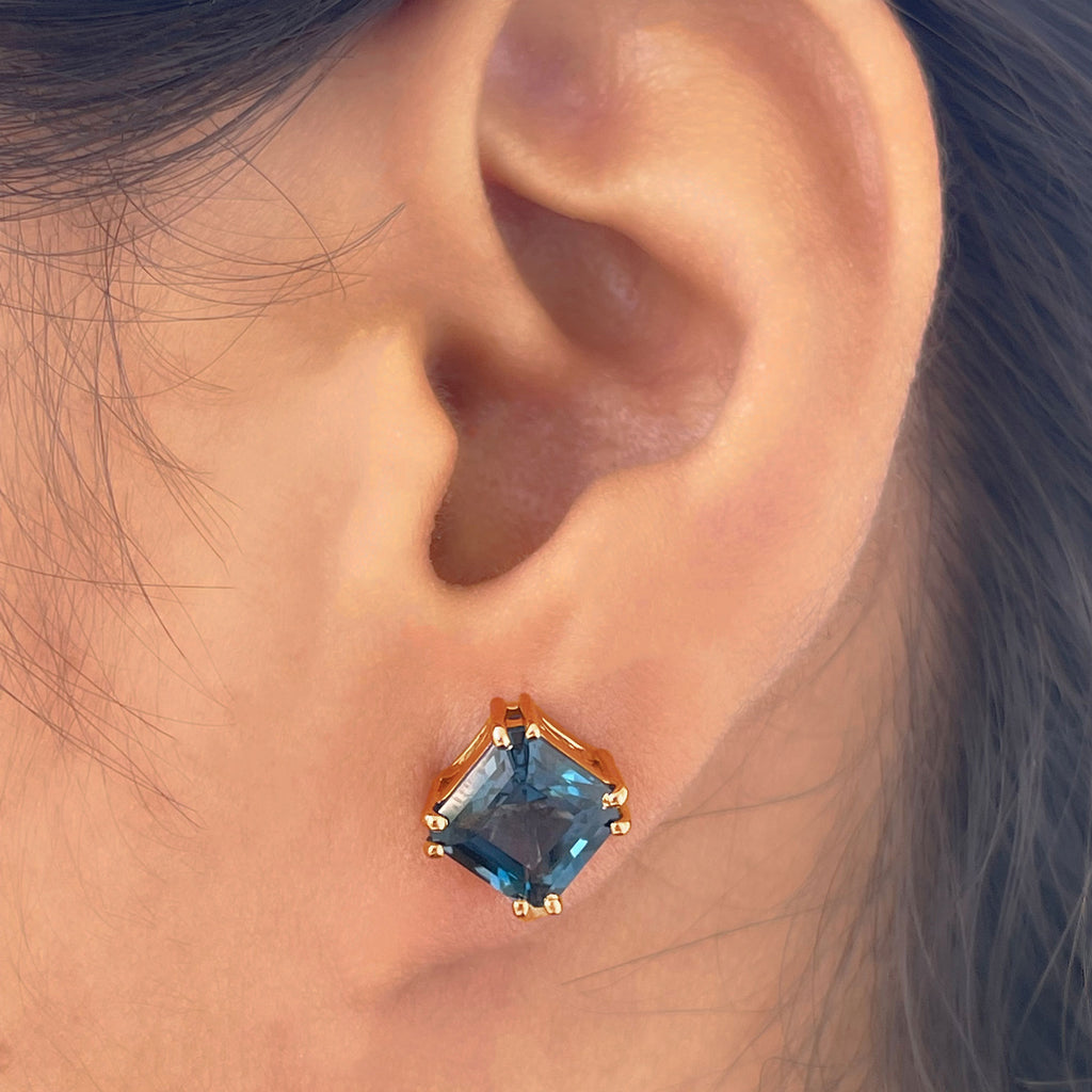 Asscher Cut London Blue Topaz Solitaire Stud Earrings in Gold London Blue Topaz - ( AAA ) - Quality - Rosec Jewels
