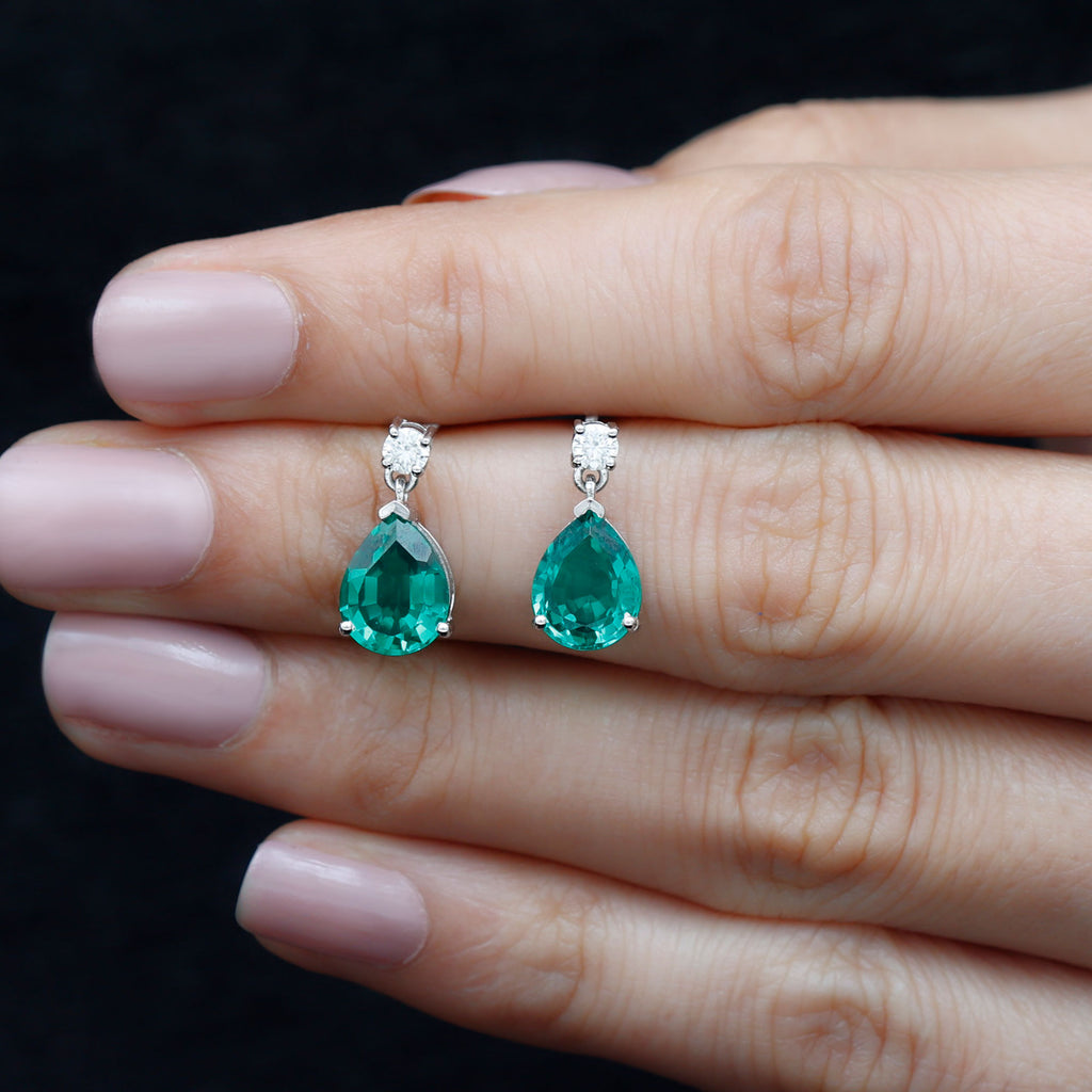 Pear Cut Created Emerald Teardrop Earrings with Moissanite Lab Created Emerald - ( AAAA ) - Quality - Rosec Jewels
