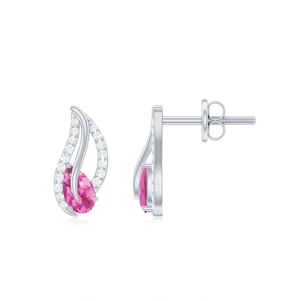 1/2 CT Pear Shape Pink Tourmaline and Diamond Leaf Stud Earrings Pink Tourmaline - ( AAA ) - Quality - Rosec Jewels