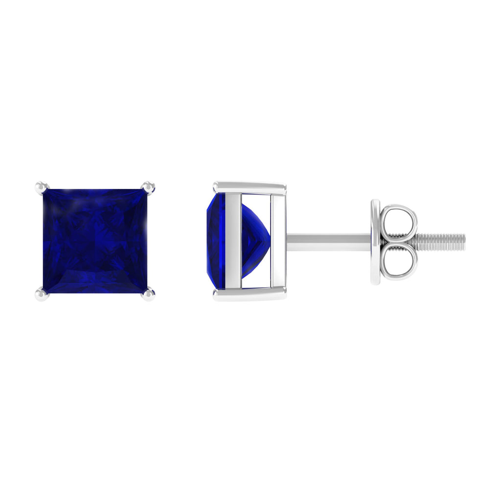 4 MM Princess Cut Blue Sapphire Solitaire Stud Earrings in 4 Prong Setting Blue Sapphire - ( AAA ) - Quality - Rosec Jewels