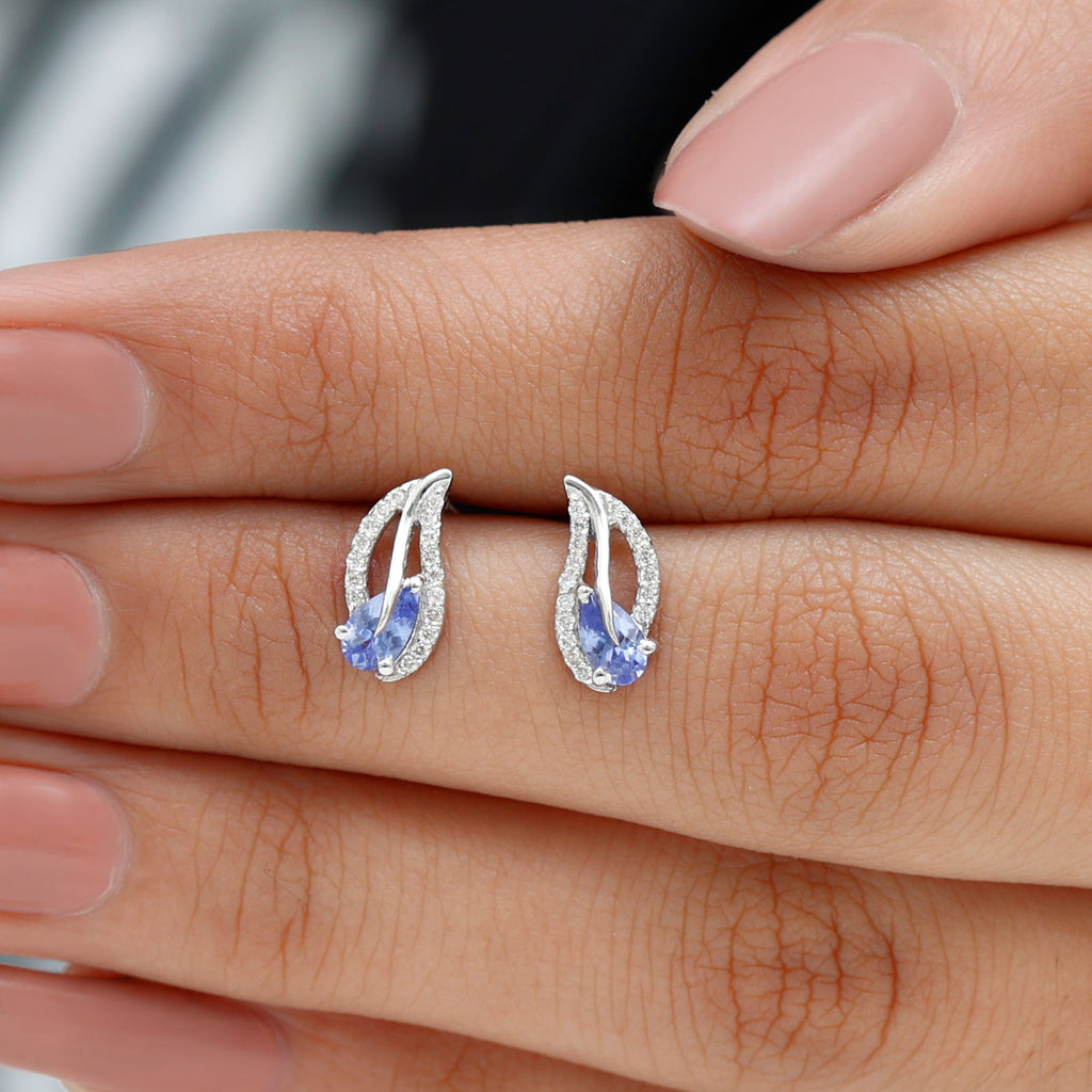 Pear Shape Tanzanite and Diamond Leaf Stud Earrings Tanzanite - ( AAA ) - Quality - Rosec Jewels