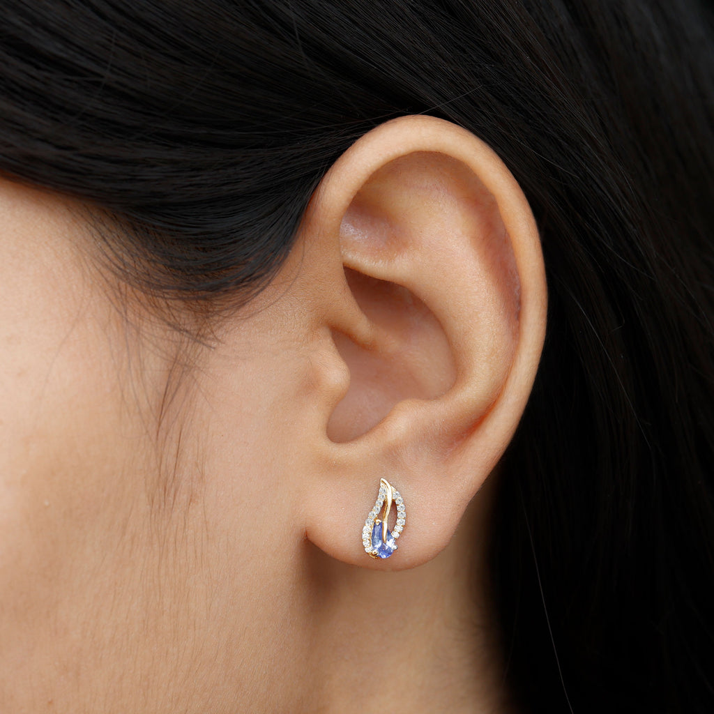 Pear Shape Tanzanite and Diamond Leaf Stud Earrings Tanzanite - ( AAA ) - Quality - Rosec Jewels