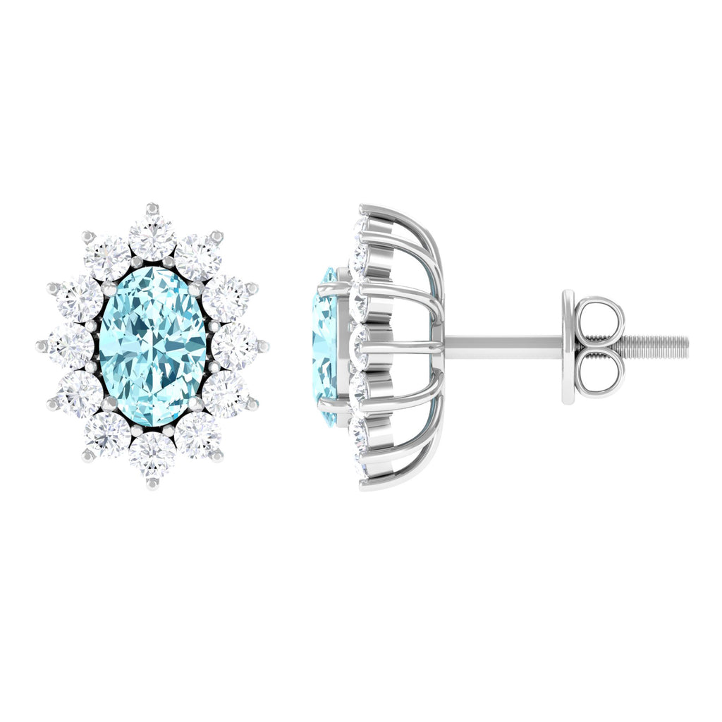 1.75 CT Oval Cut Aquamarine and Diamond Sunburst Stud Earrings Aquamarine - ( AAA ) - Quality - Rosec Jewels