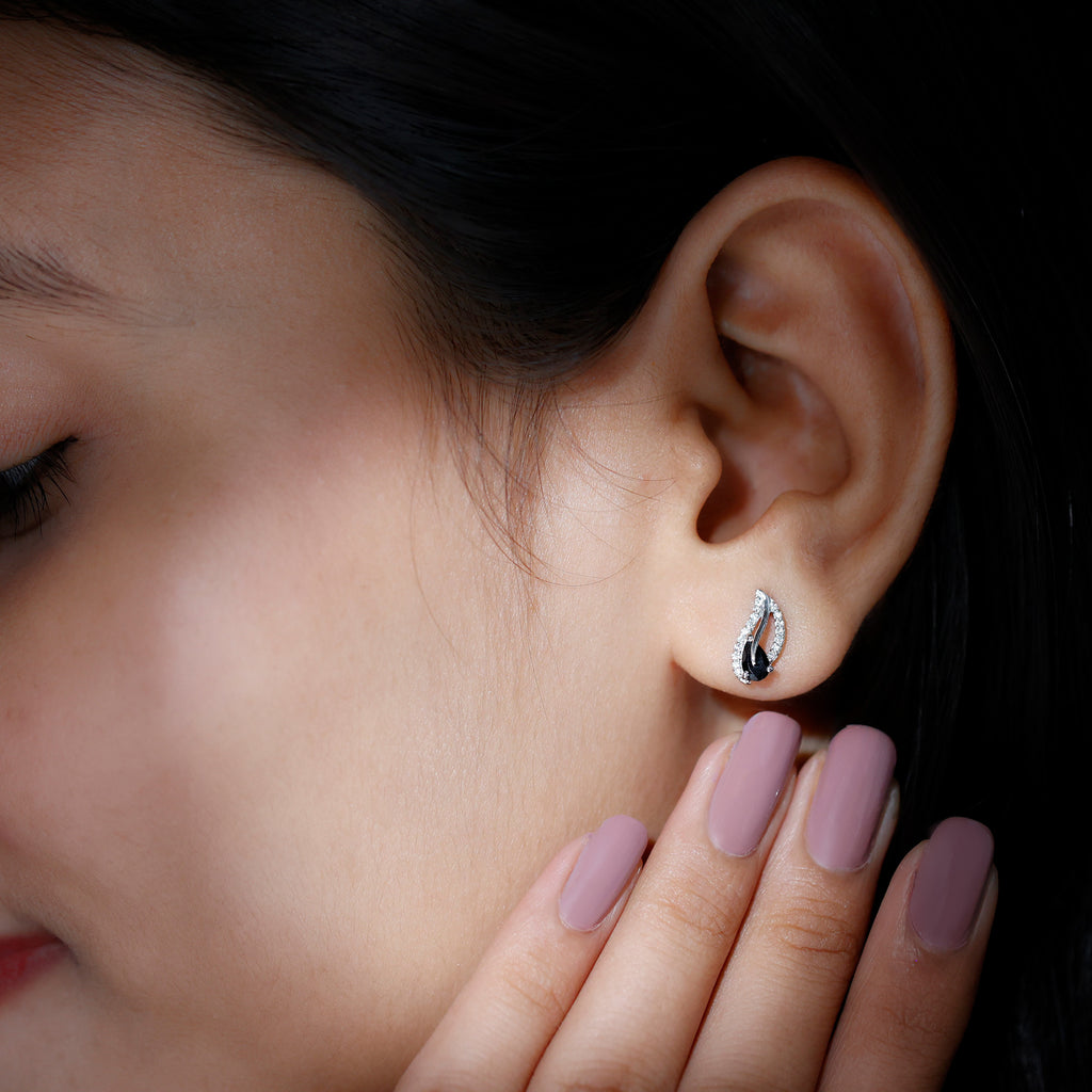 1/2 CT Pear Shape Black Spinel and Diamond Leaf Stud Earrings Black Spinel - ( AAA ) - Quality - Rosec Jewels