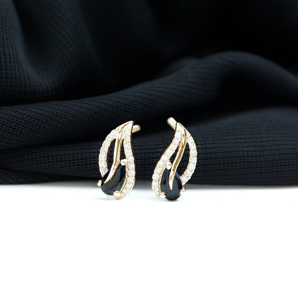 1/2 CT Pear Shape Black Spinel and Diamond Leaf Stud Earrings Black Spinel - ( AAA ) - Quality - Rosec Jewels