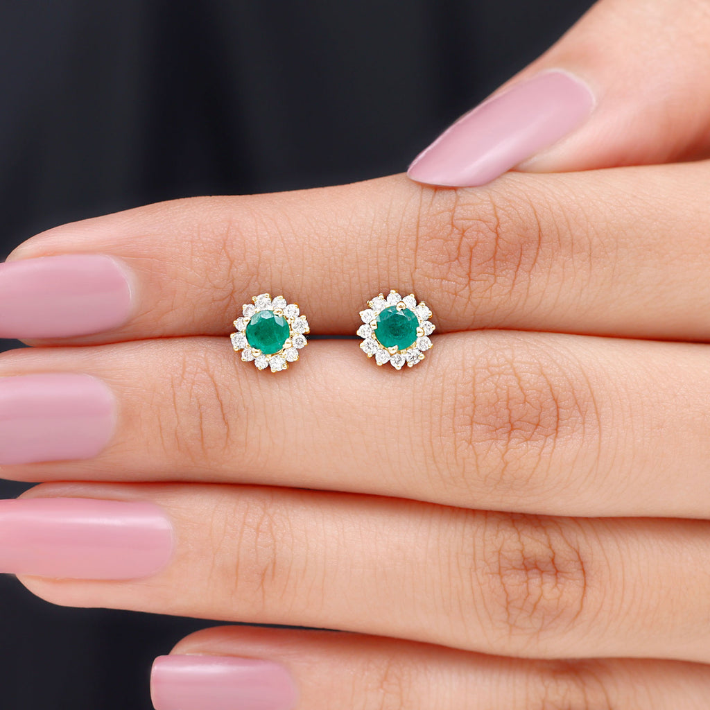 1 CT Classic Emerald Stud Earrings with Diamond Accent Emerald - ( AAA ) - Quality - Rosec Jewels