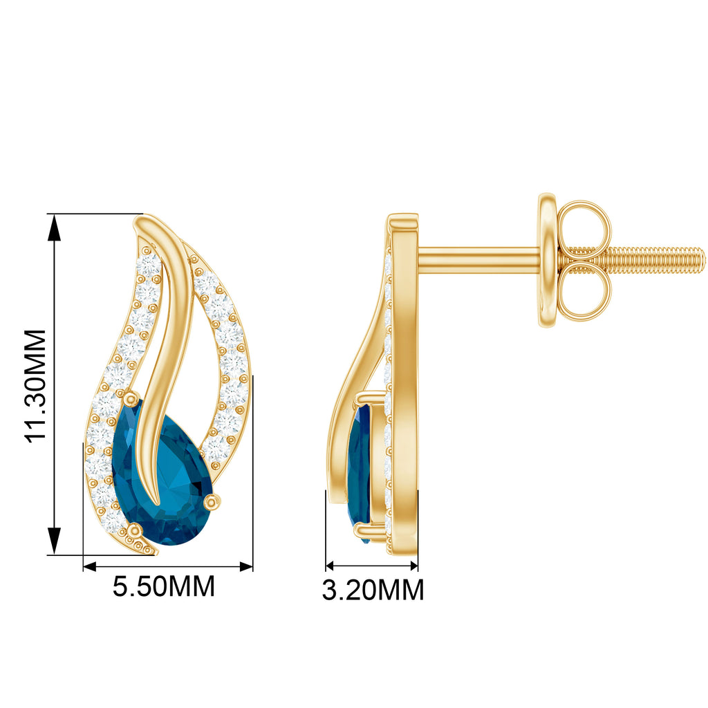 3/4 CT Pear Shape London Blue Topaz and Diamond Leaf Stud Earrings London Blue Topaz - ( AAA ) - Quality - Rosec Jewels