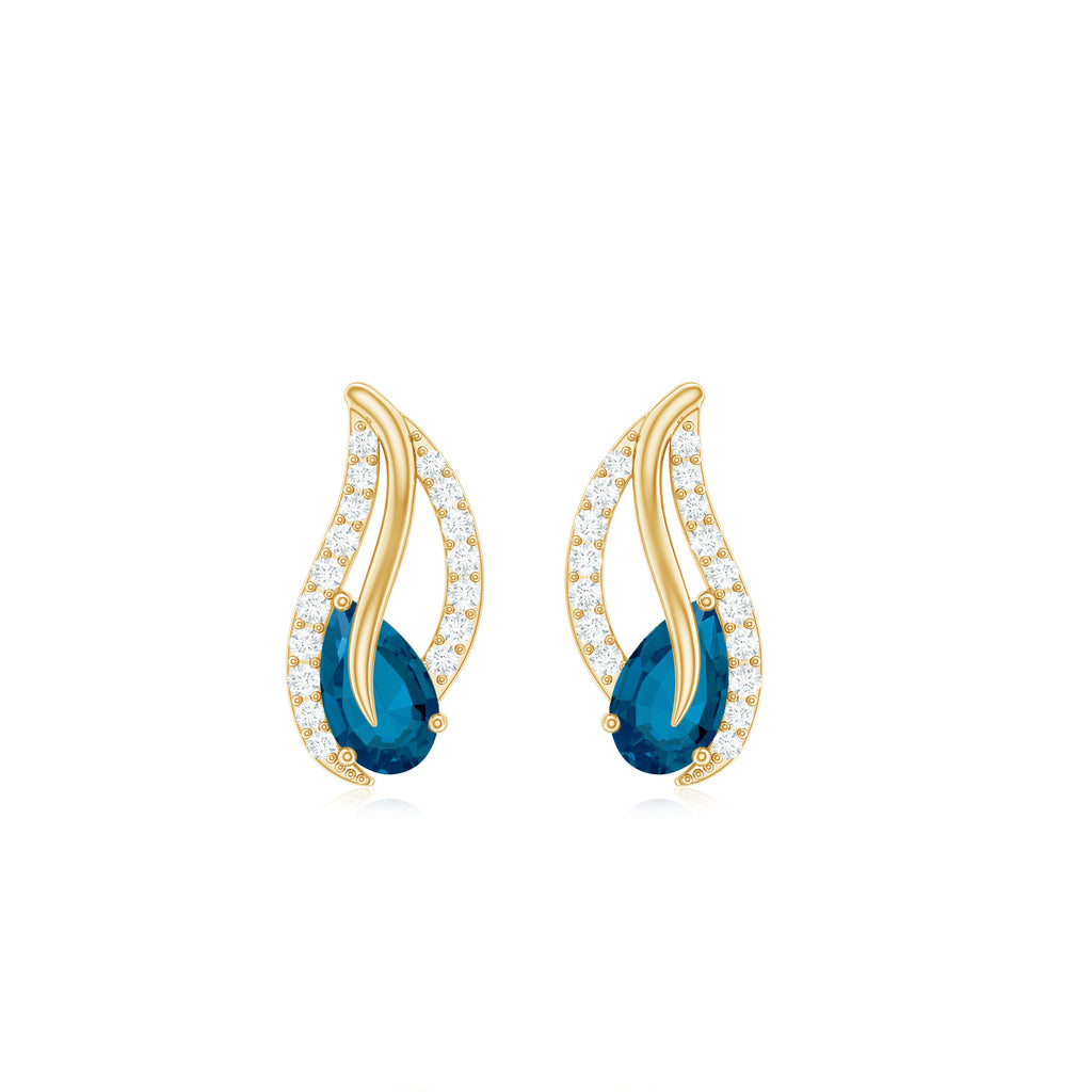 3/4 CT Pear Shape London Blue Topaz and Diamond Leaf Stud Earrings London Blue Topaz - ( AAA ) - Quality - Rosec Jewels