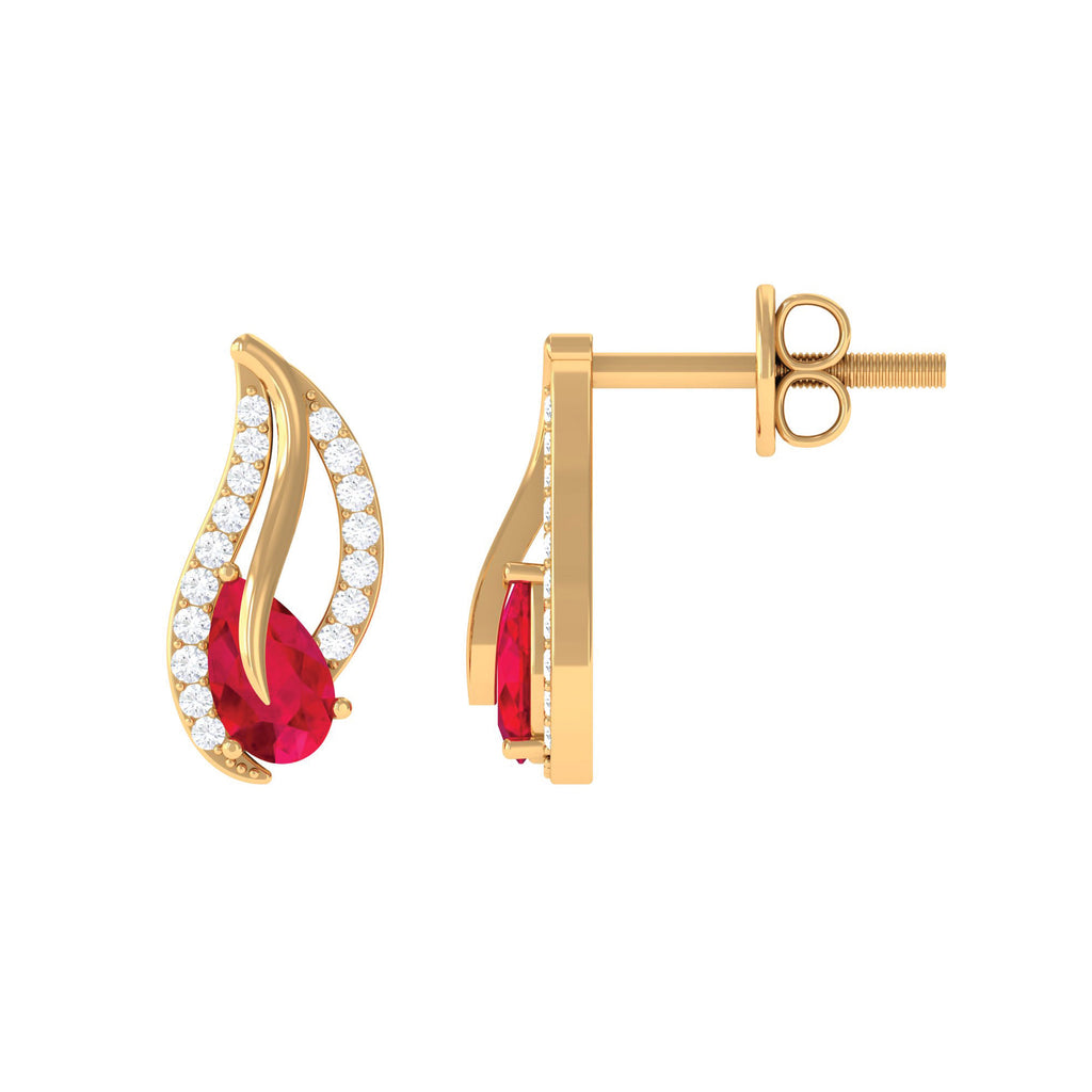 0.75 CT Lab Grown Ruby and Diamond Leaf Stud Earrings Lab Created Ruby - ( AAAA ) - Quality - Rosec Jewels
