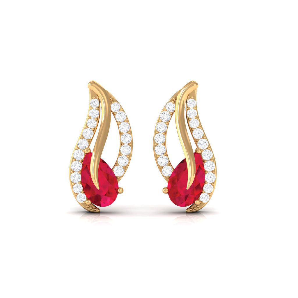 0.75 CT Lab Grown Ruby and Diamond Leaf Stud Earrings Lab Created Ruby - ( AAAA ) - Quality - Rosec Jewels