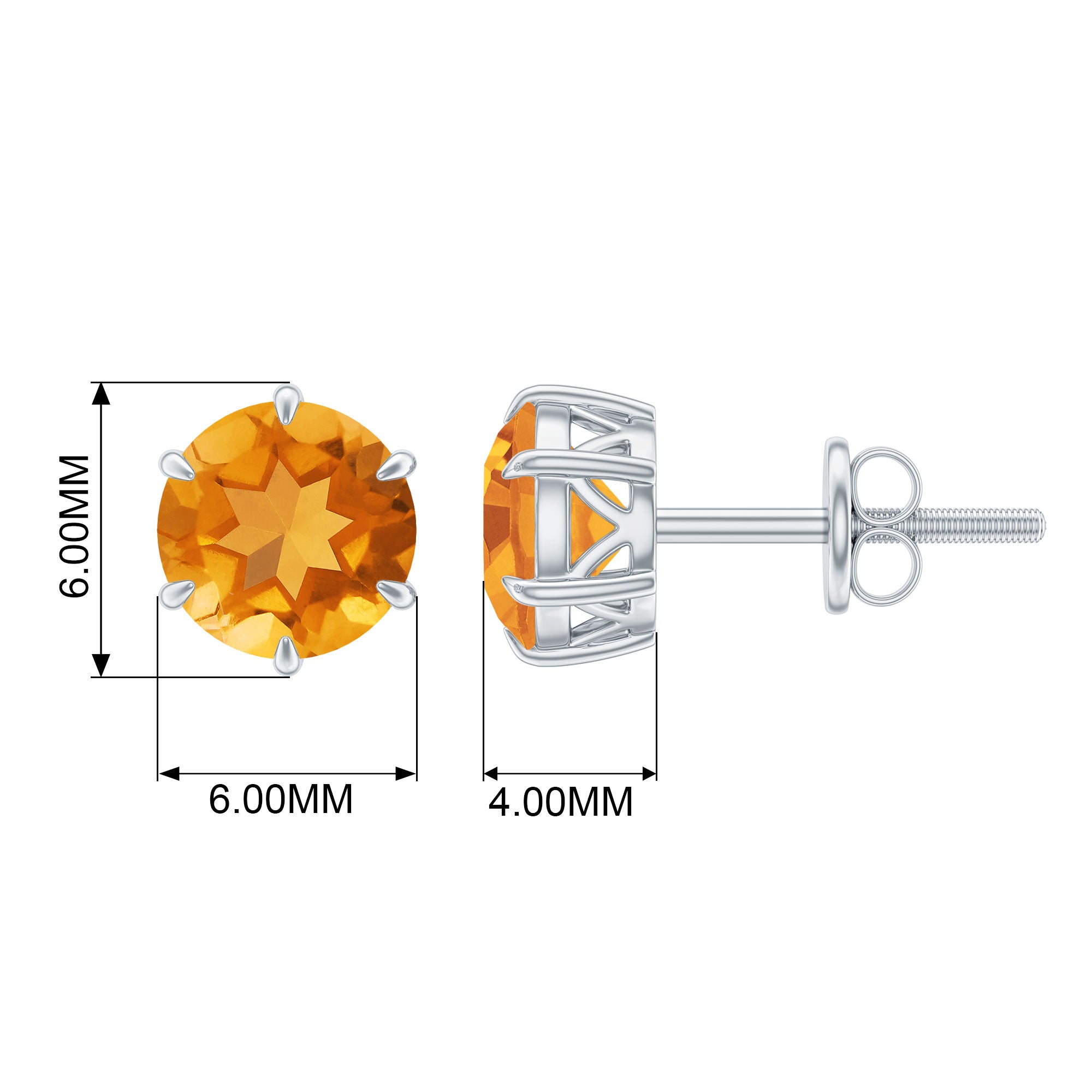 6 MM Claw Set Citrine Solitaire Stud Earrings Citrine - ( AAA ) - Quality - Rosec Jewels