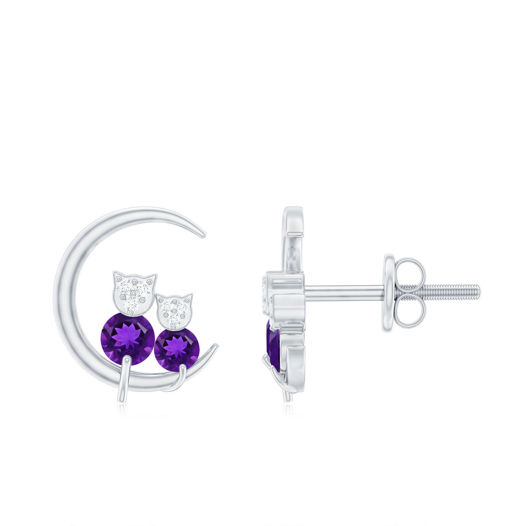 1/4 CT Amethyst and Diamond Cat on Moon Stud Earrings Amethyst - ( AAA ) - Quality - Rosec Jewels