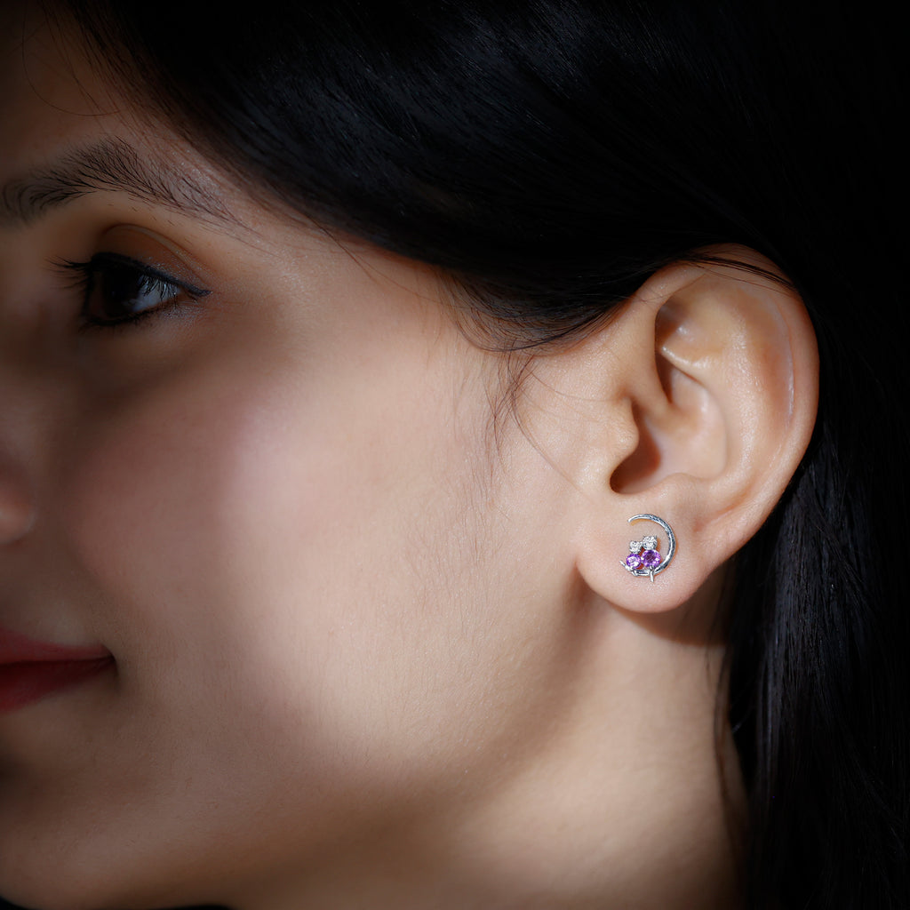 1/4 CT Amethyst and Diamond Cat on Moon Stud Earrings Amethyst - ( AAA ) - Quality - Rosec Jewels