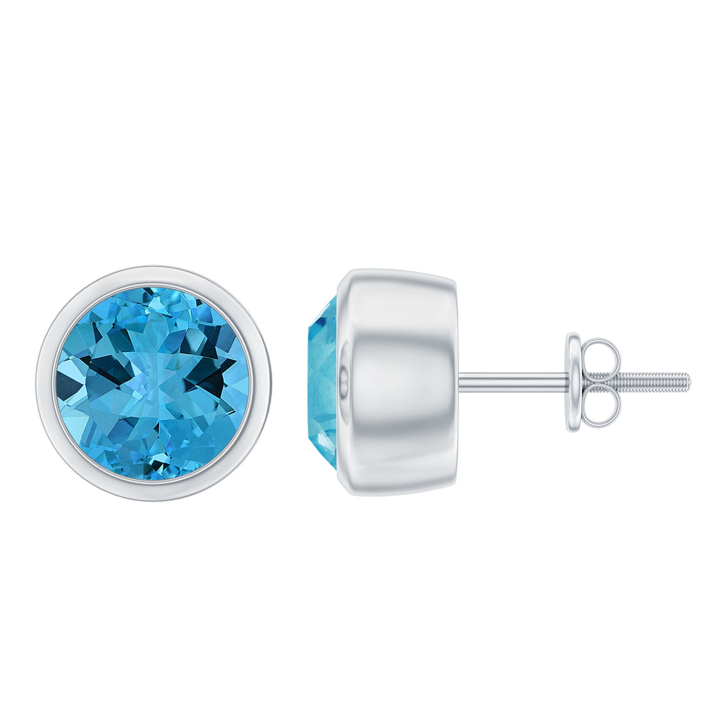 Round Shape Swiss Blue Topaz Solitaire Stud Earrings in Bezel Setting Swiss Blue Topaz - ( AAA ) - Quality - Rosec Jewels