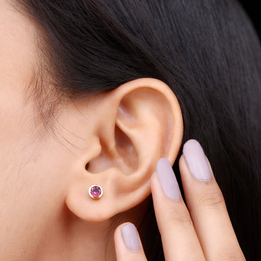 Bezel Set Pink Tourmaline Solitaire Stud Earrings Pink Tourmaline - ( AAA ) - Quality - Rosec Jewels