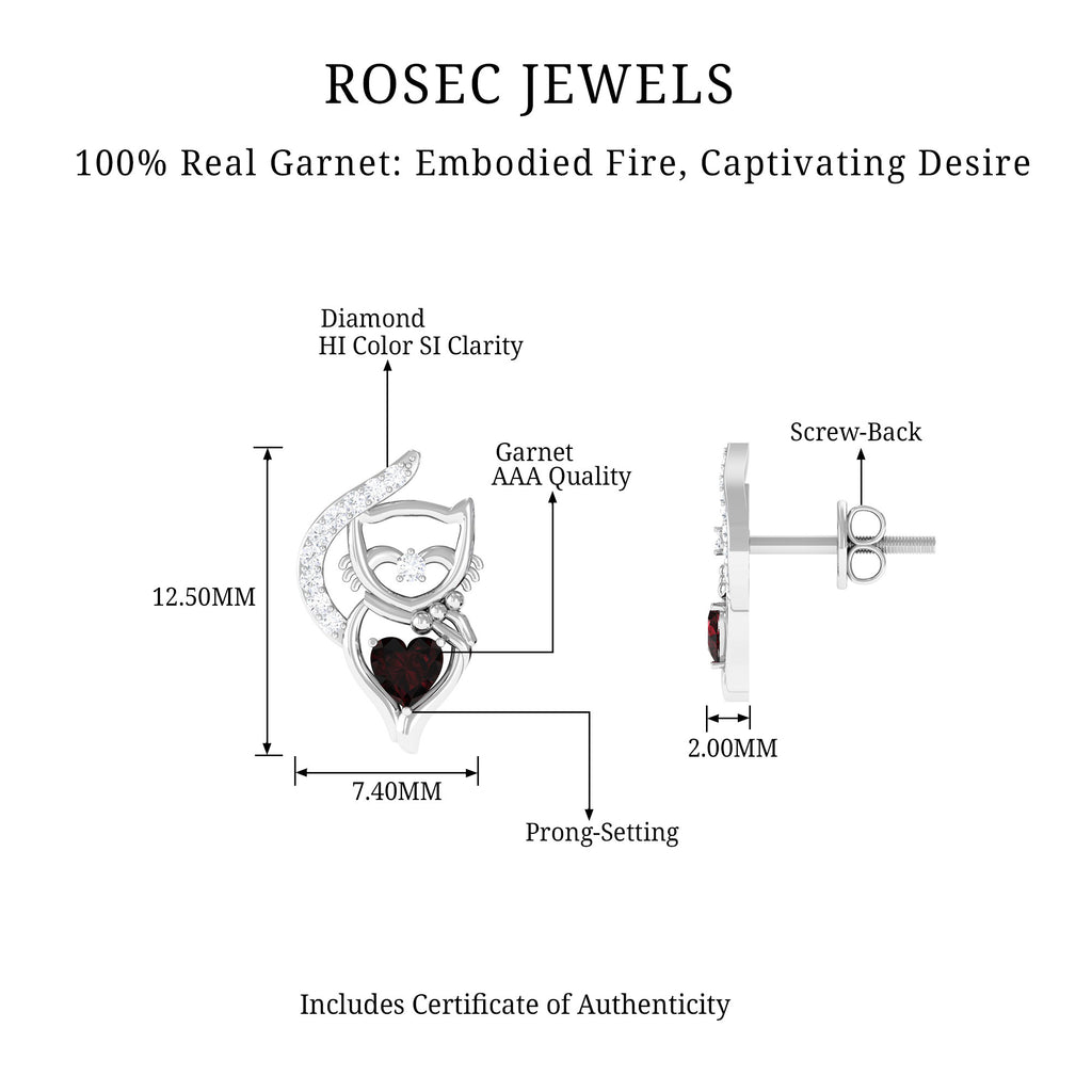 1/2 CT Cat Stud Earrings with Heart Shape Garnet and Diamond Accent Garnet - ( AAA ) - Quality - Rosec Jewels