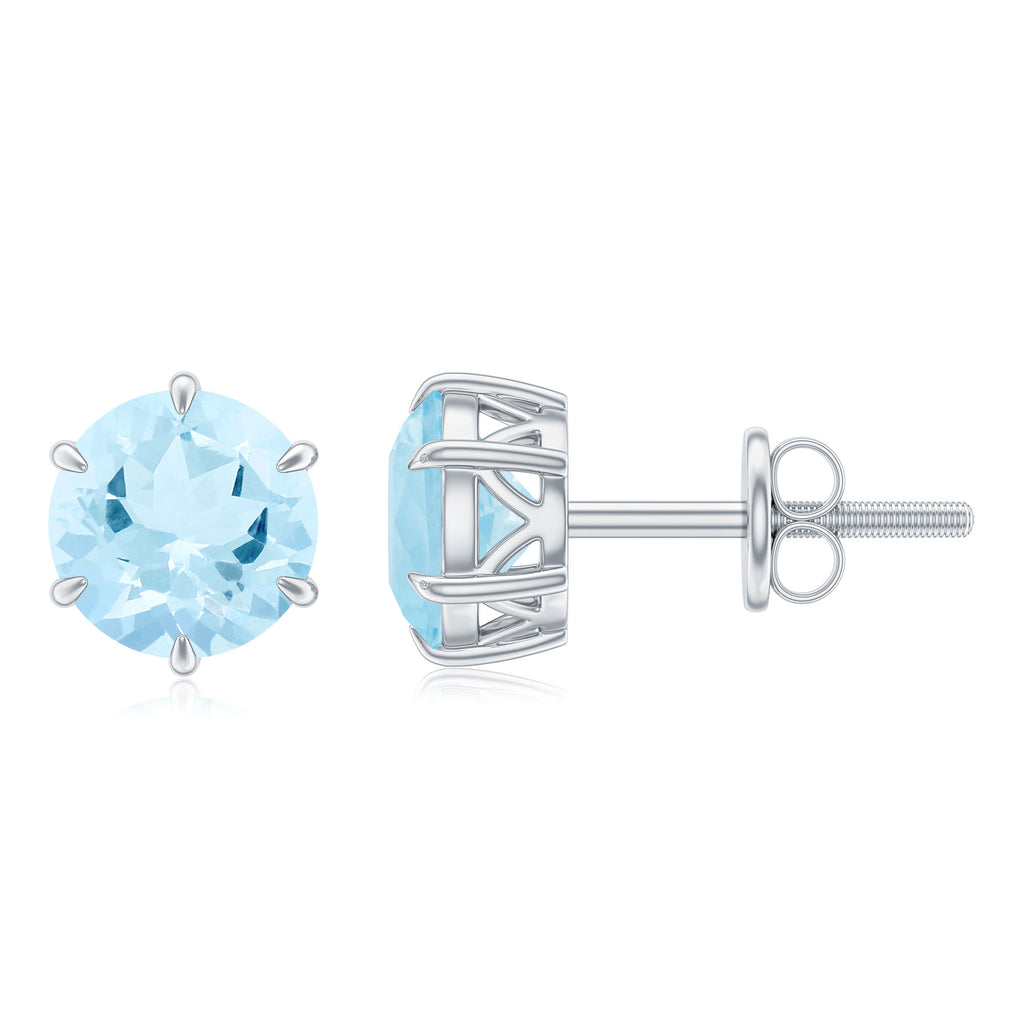 Claw Set Round Aquamarine Solitaire Stud Earrings