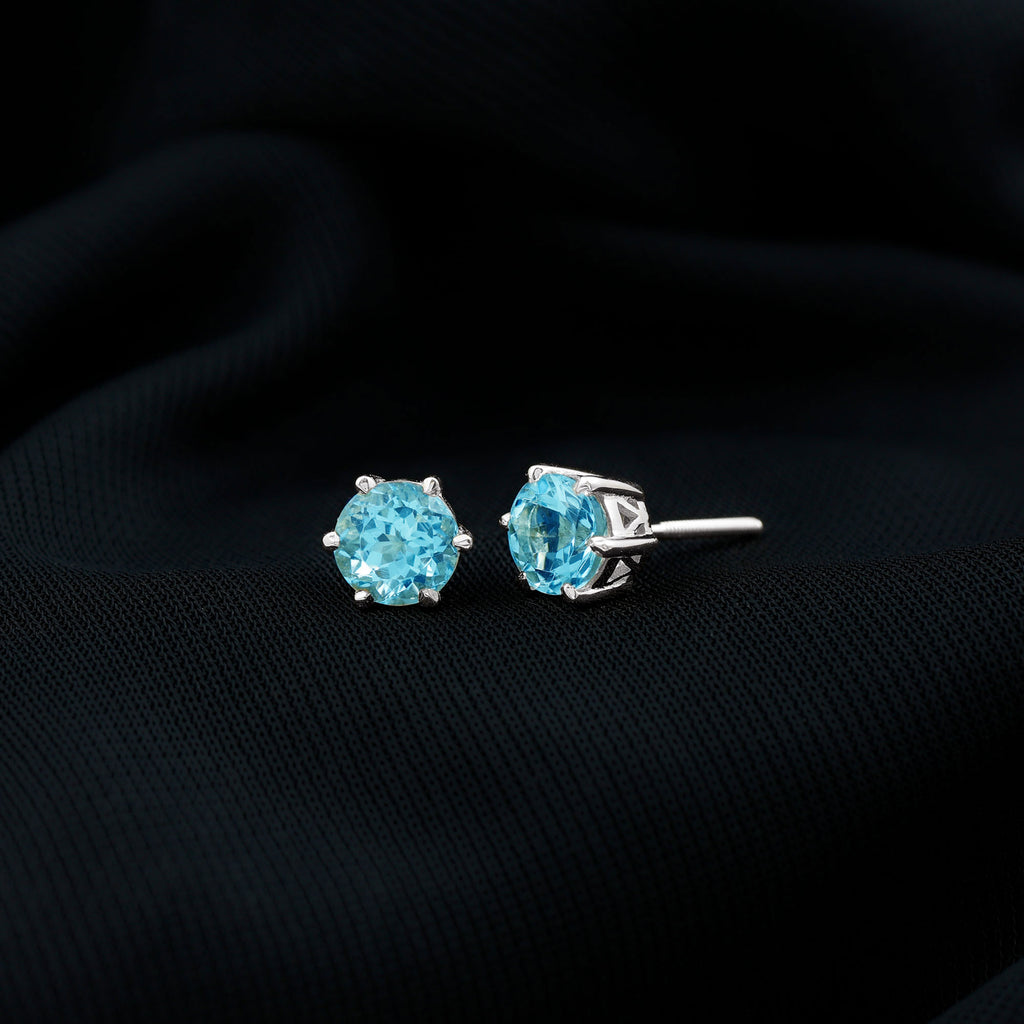 Claw Set Round Aquamarine Solitaire Stud Earrings