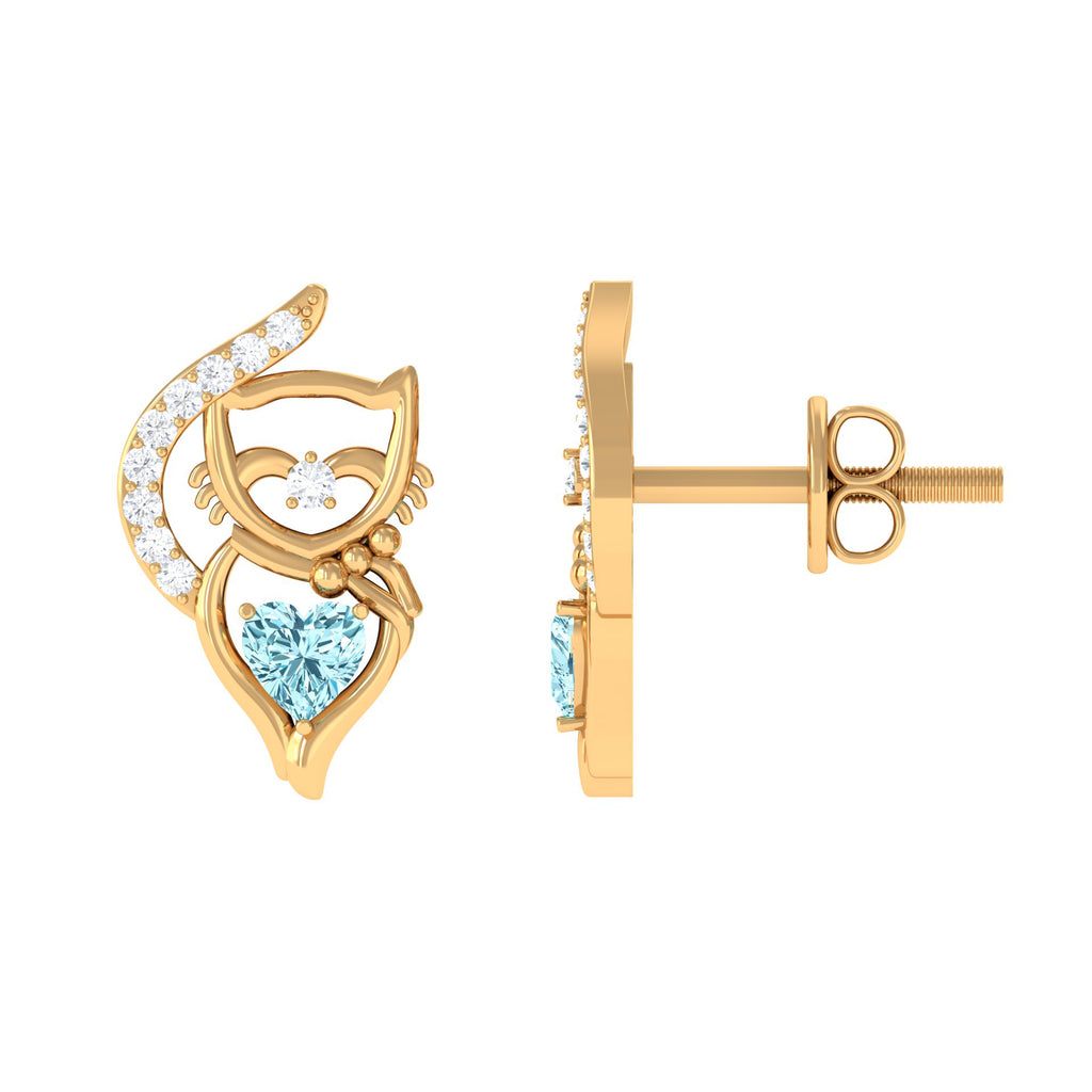 1/2 CT Heart Shape Aquamarine Cat Stud Earrings with Diamond Aquamarine - ( AAA ) - Quality - Rosec Jewels