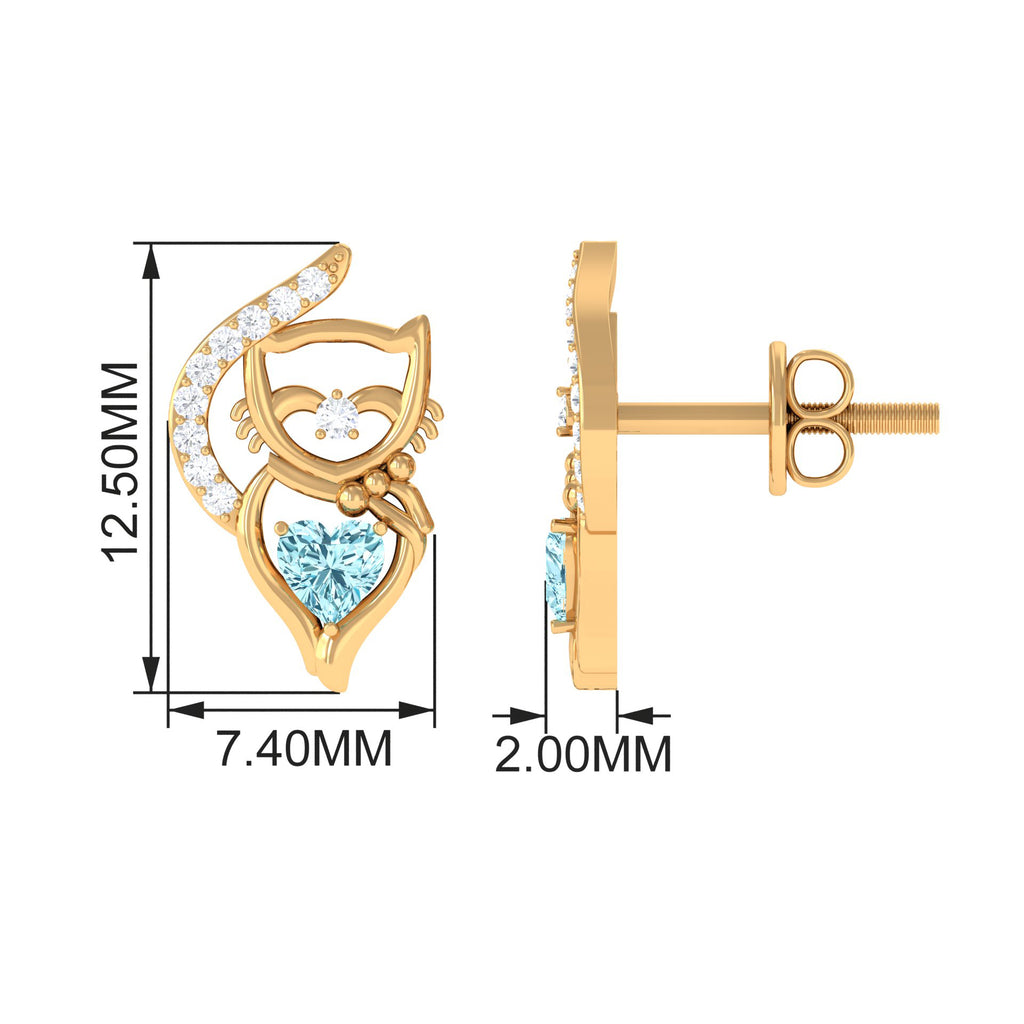 1/2 CT Heart Shape Aquamarine Cat Stud Earrings with Diamond Aquamarine - ( AAA ) - Quality - Rosec Jewels