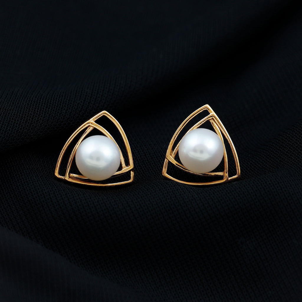 6 MM Bead Set Round Freshwater Pearl Solitaire Triangle Stud Earrings Freshwater Pearl - ( AAA ) - Quality - Rosec Jewels